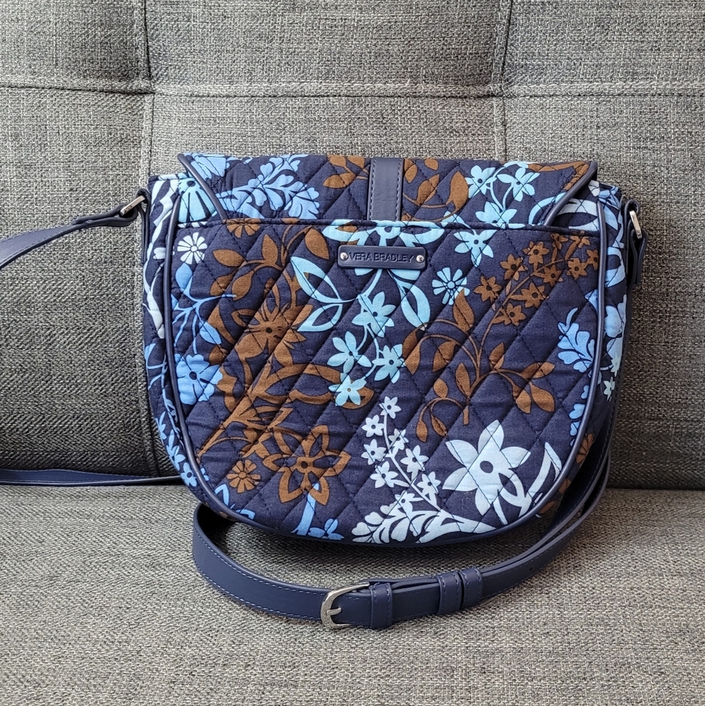 Vera Bradley Floral Blue and Brown Quilted Women's Saddle Crossbody Bag - Picture 2 of 12